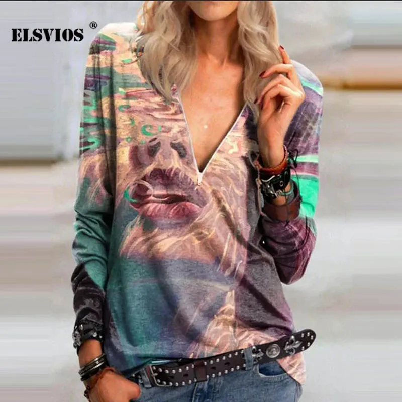 

Женская футболка на молнии, с V-образным вырезом и длинным рукавом