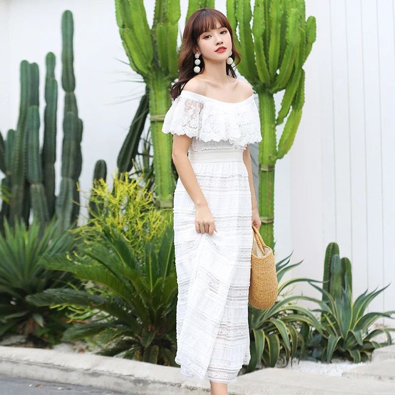 

Shoulder style white dress fairy lace dress women new summer Bali seaside resort skirt