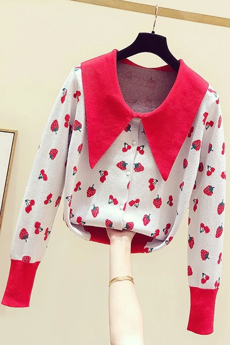 

2020 New Autumn Winter Women Knitted Cardiagns Sweet Color Block Turn Down Collar Strawberry Cherry Pattern Female Sweaters Top
