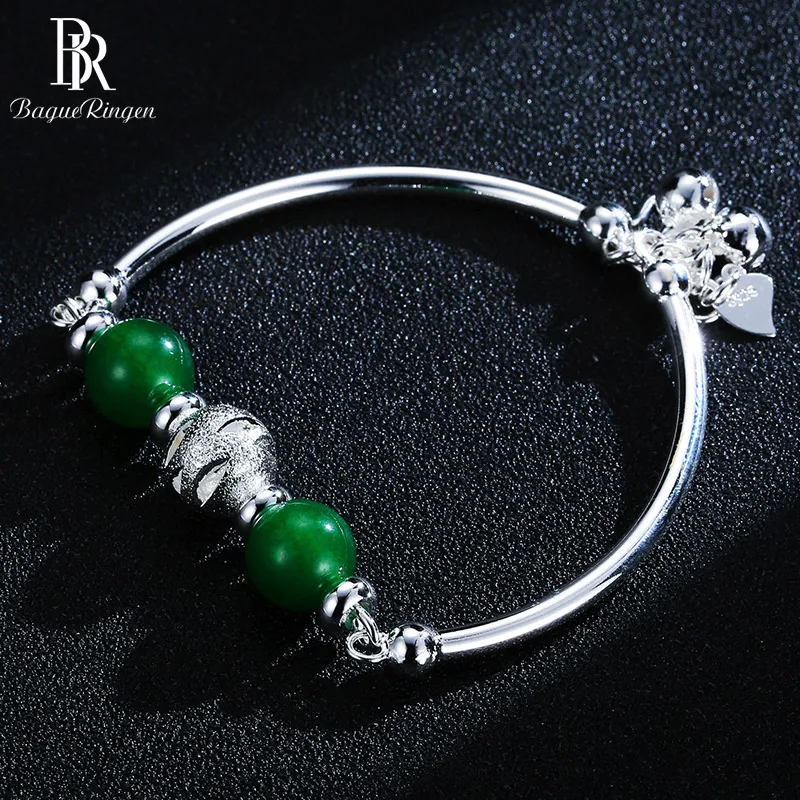 Bague Ringen Серебряный 925 нефритовый браслет, Круглый Зеленый Халцедон, Открытый регулируемый размер, очаровательные женские ювелирные изделия, женские вечерние, подарок