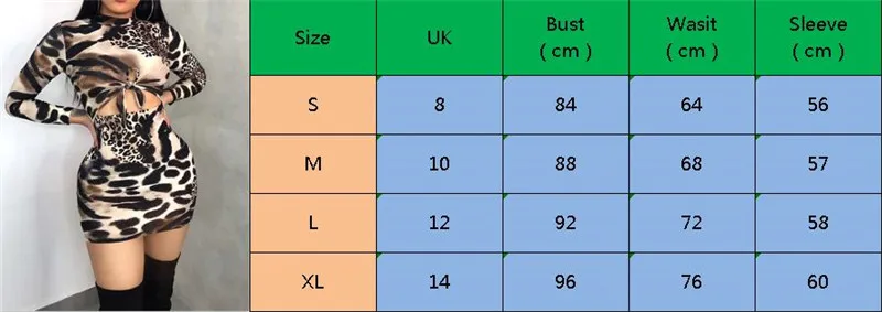 

Sexy Club Dress Fashion Evening Party Cocktail Dress Women Round Neck Long Sleeve Leopard Bodycon Mini Dress