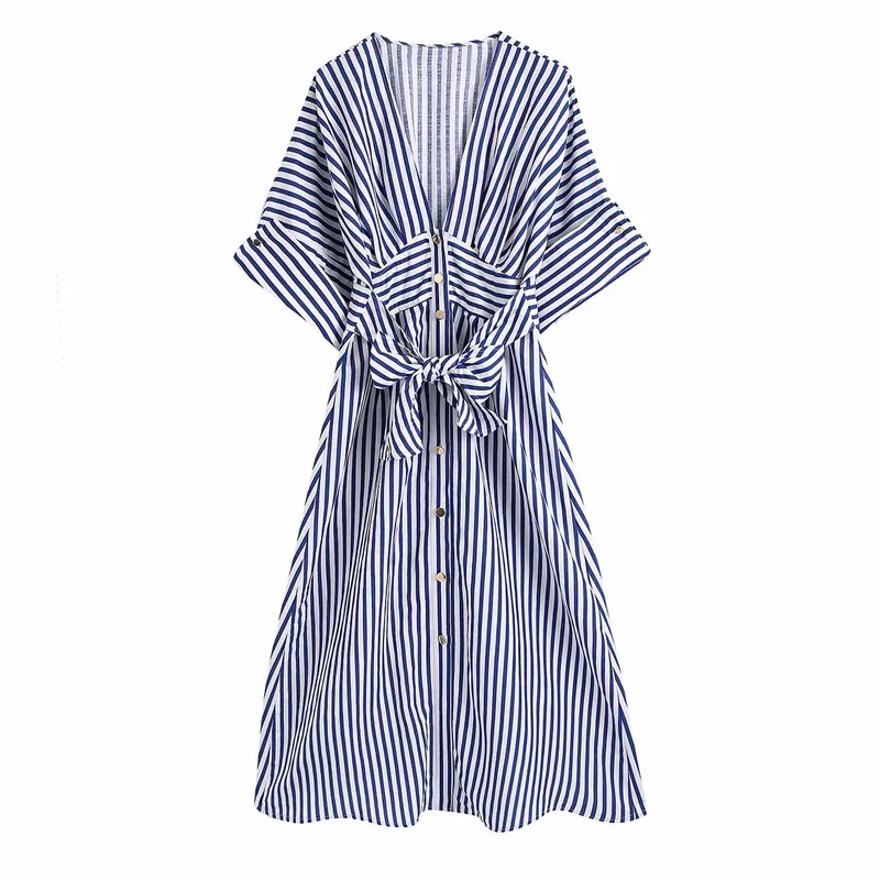 

ZA2021 European and American women's spring and summer new refreshing holiday style short sleeve striped medium and long dress