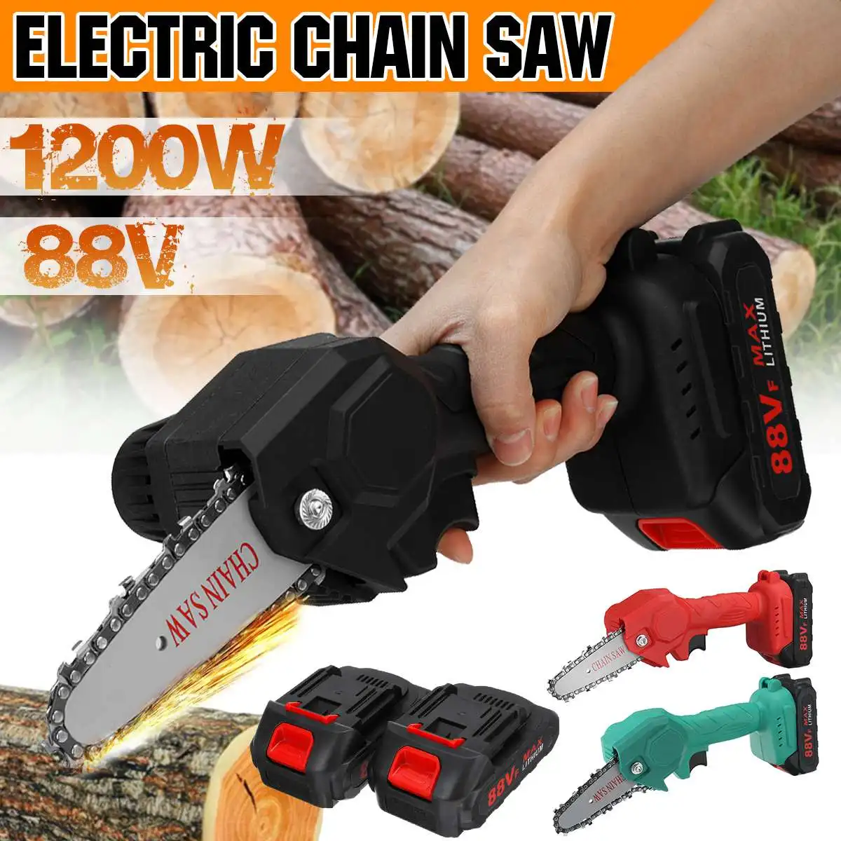 

88V Electric Mini Chain Saws 1200W Pruning ChainSaw Cordless Electric Saw Woodworking Power Tool With 1/2 PCS Lithium Battery