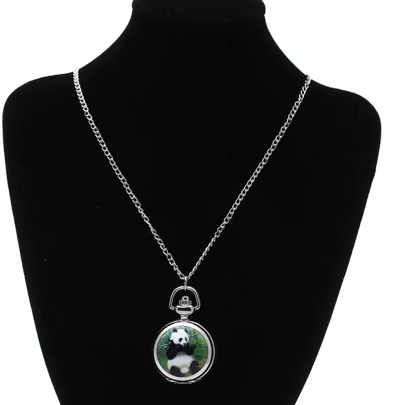 

Lady Locket Pendant Quartz Pocket Watch Necklace Chain Silver Dial Vintage Panda