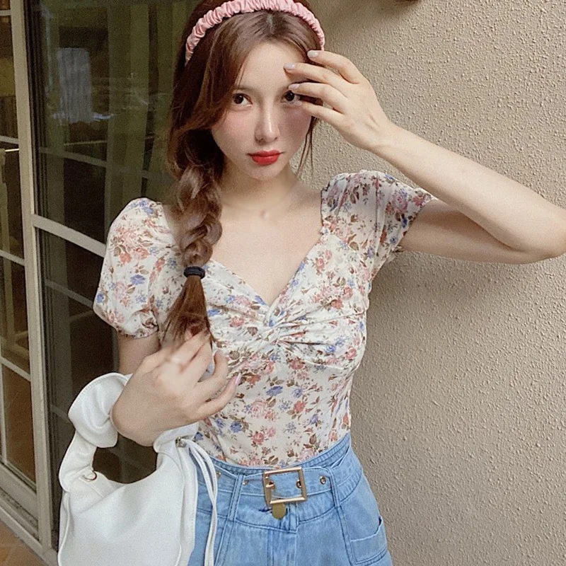 

Women Floral Print Chiffon Blouse Summer Sweet V-Neck Shirt Female Short Sleeve Blouses Tops'