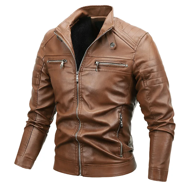 

2021 Men's Fleece-Lined Warm PU Leather Jacket Youth Stand Collar Casual Leather Jacket