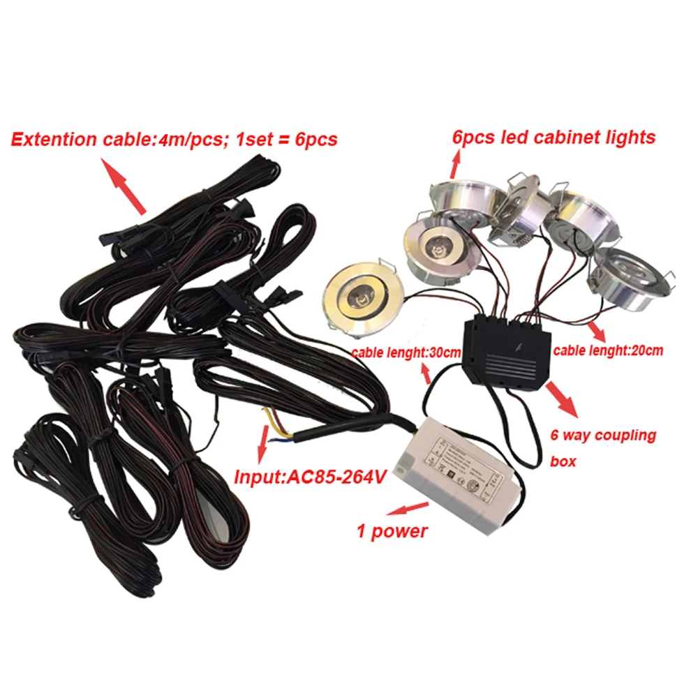 1 set 6pcs 1w 3w led home kitchen mini led under cabinet lighting 6w 660lm 1pcs 6 way coupling 1 power 6pcs 4m extention cable free global shipping
