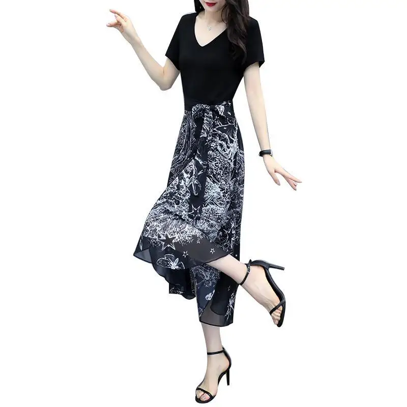 

Women's Spring Summer Style Chiffon Dress Women's Elegant Patchwork Printed Short Sleeve V-neck Elegant Korean Dress SS1649