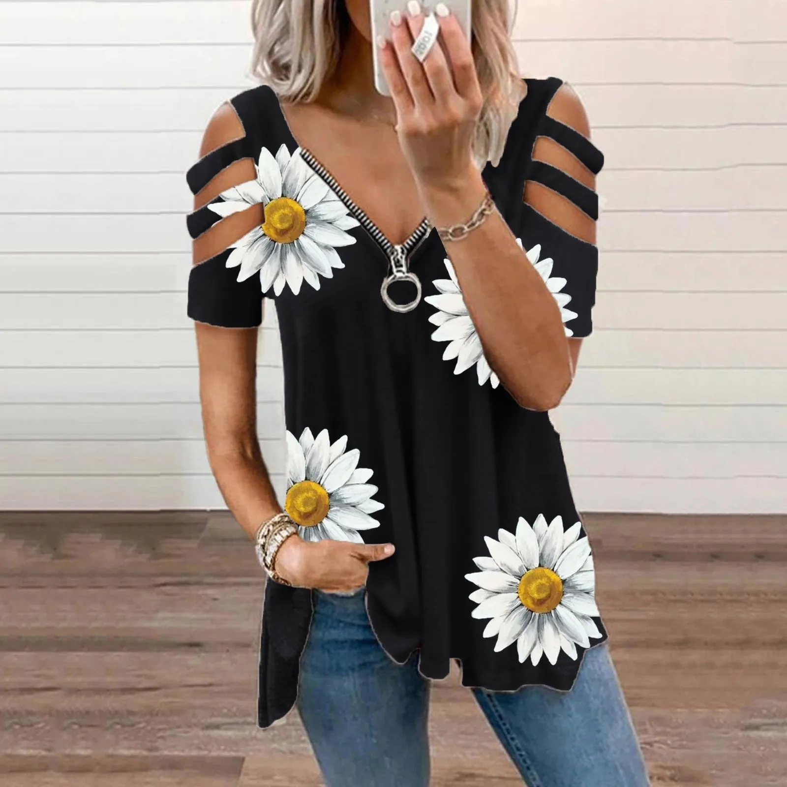

Fashion Zipper Print Blouse Shirt Hollow V-Neck Tops Tee Summer Casual Ladies Tops Female Women Short Sleeve Blusas Pullover