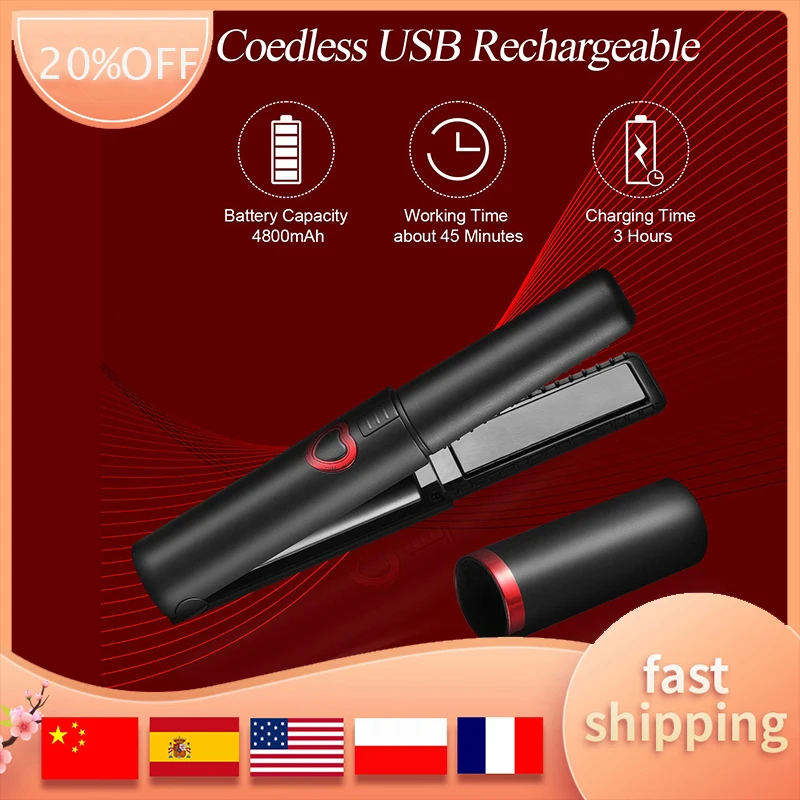 

USB Rechargeable Hair Straightener and Curler,Mini Wireless Ceramic Flat Iron for Hair Straightening Easy to Carry with Travel