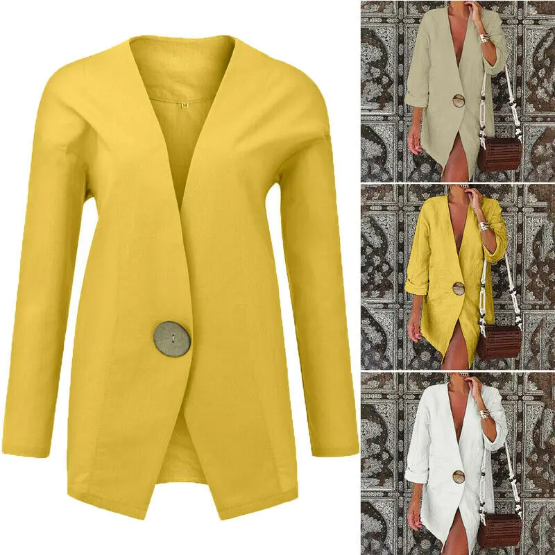 

Women Casual Slim OL Suit Cotton Linen Blazer V-Neck Outwear Solid Long Sleeve Jacket Coat