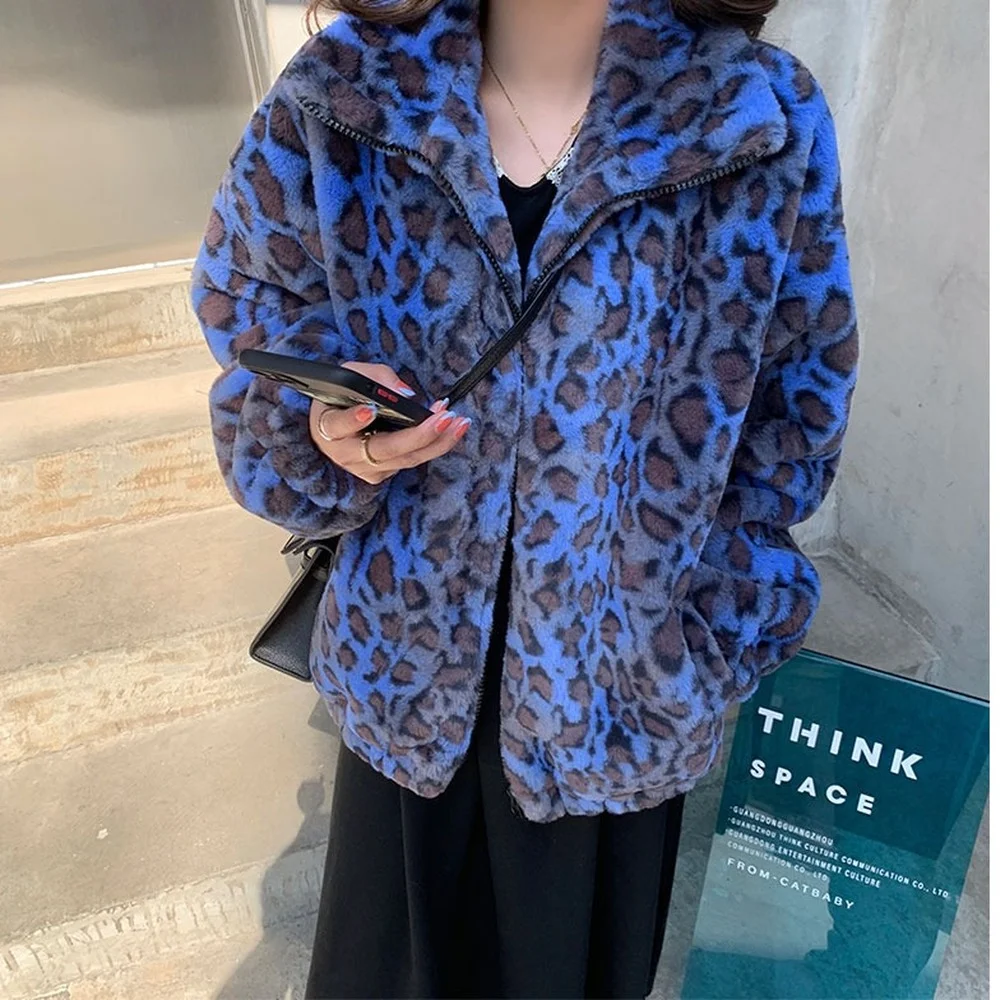 Winter Women's Loose Warm Lamb Wool Coat Oversized Short Coat Purple Leopard Print Plush Coat Elegant Fashion Jacket Fur Coat