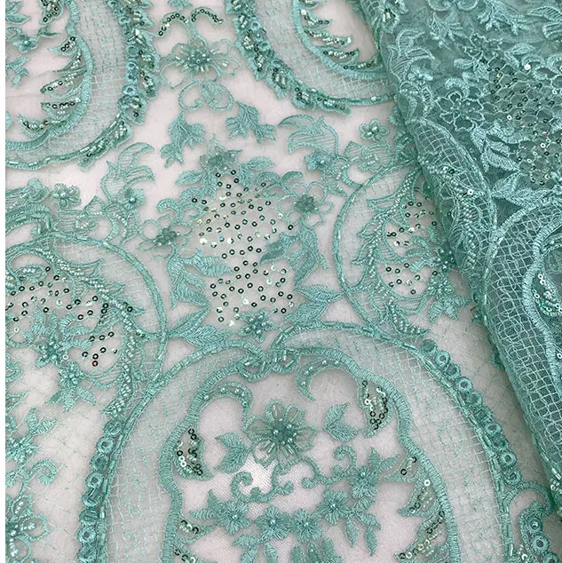 

Green Color 2020 Best Selling Handmade Embroidery Sequins Beaded African Lace Fabric High Quality Guipure For African Lady Dress