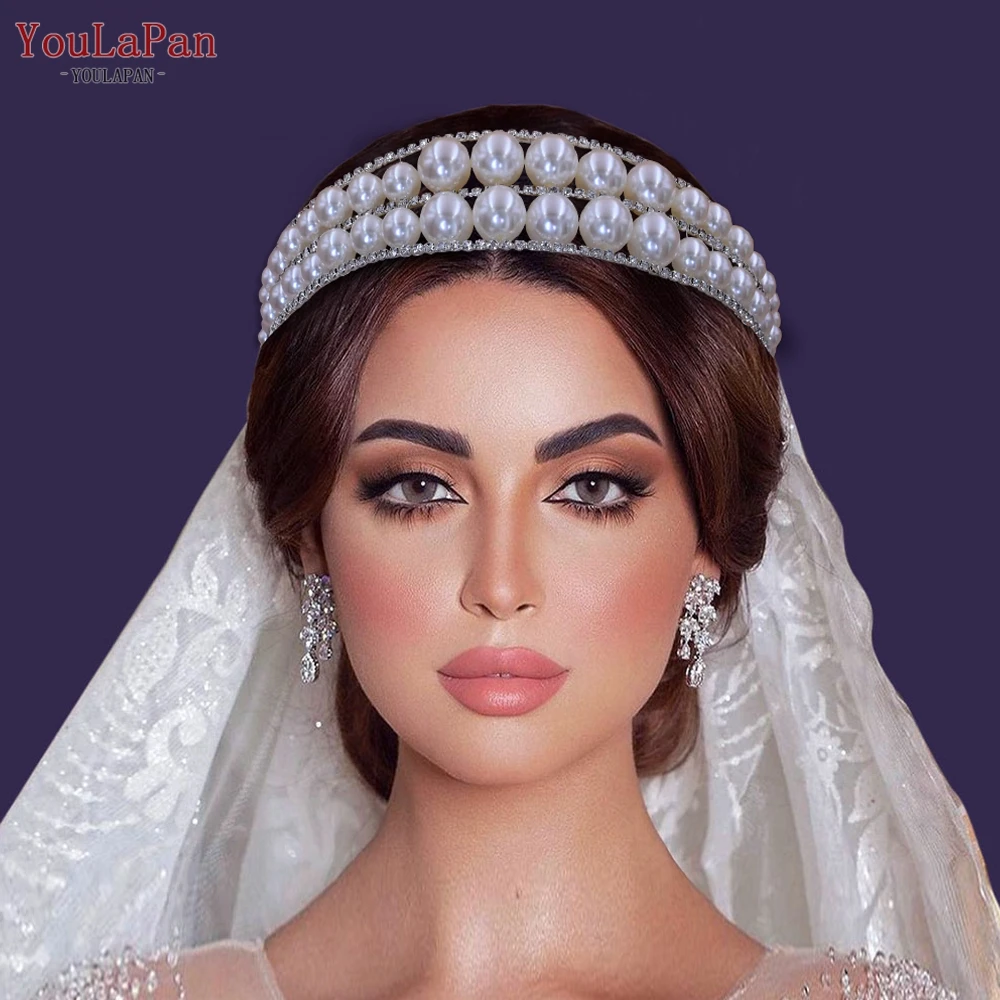 

TOPQUEEN HP400 Pearl Crown Metal Headband Princess Queen Tiaras Luxury Wedding Crown Hair Accessories for Women Bride Headpiece