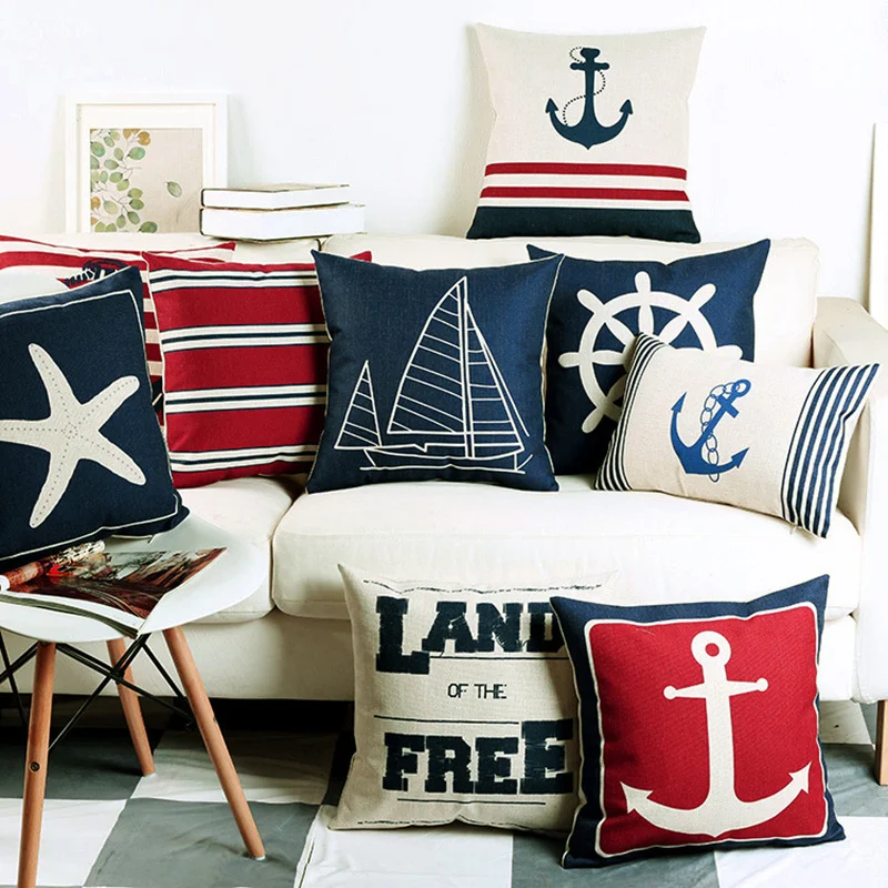 

45*45cm Blue Shell Starfish Pillow Cover Mediterranean Sea Compass Anchor Cushion Home Decorative Sofa Cushions Pillow Case