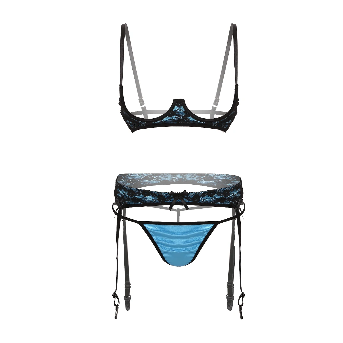 

MSemis Women Erotic Sets See Through Lace Lingerie Open Cups Bra Top Sleepwear Crotchless Pearl Thong Sexy Panties Garter Belt