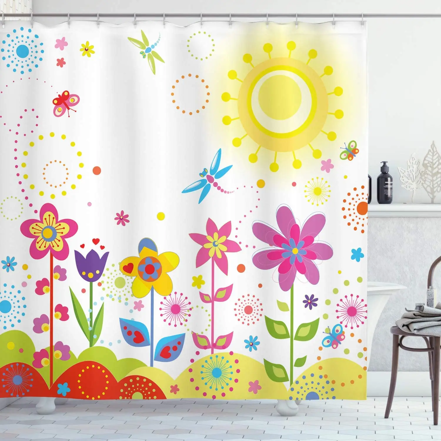 

Floral Shower Curtains Summer Sun Butterflies Dragonfly Flowers Simple Fabric Children Bathroom Decor Set with Hooks Pink Purple