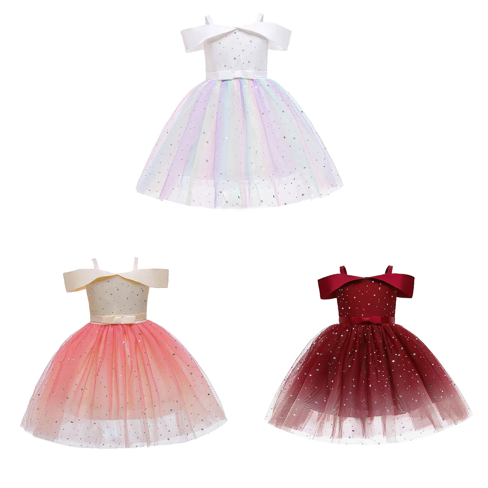 

Kids Girls Dress Sleeveless Glittering Star Moon Bowknot Gradient Color Mesh Tutu Dress for Birthday Party Wedding Performance