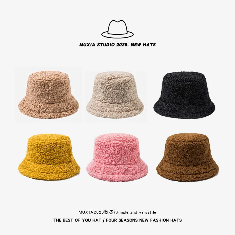 

Women Winter Hat Solid Artificial Fur Warm Female Cap Faux Fur Bucket Hat for Women Outdoor Sunscreen Hat Panama Lady Cap