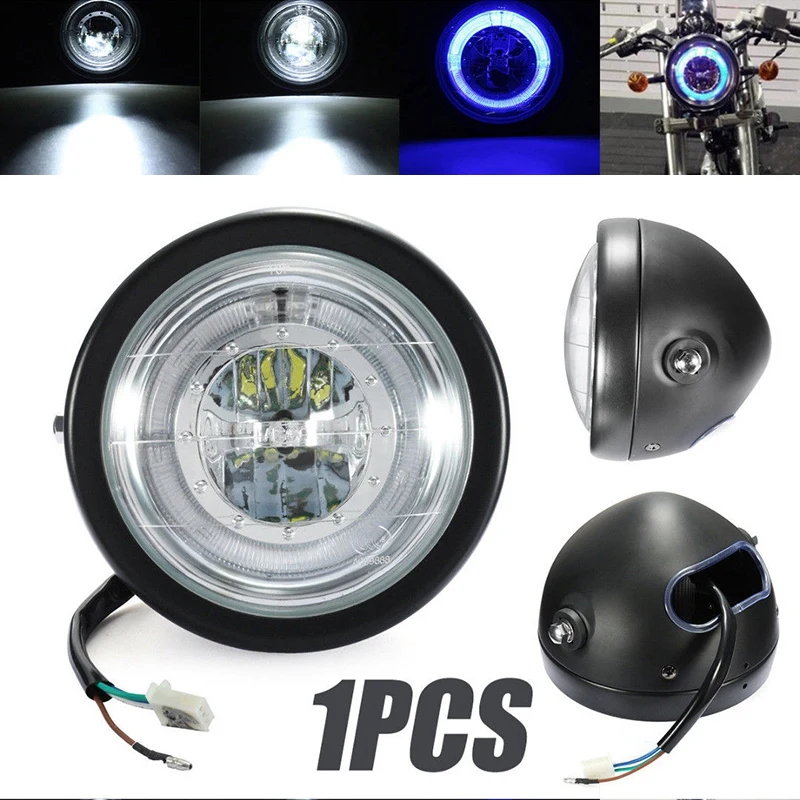 6.5 inch Universal Motorcycle Halo Ring Blue Led Headlight For Honda Cafe Racer 12V |
