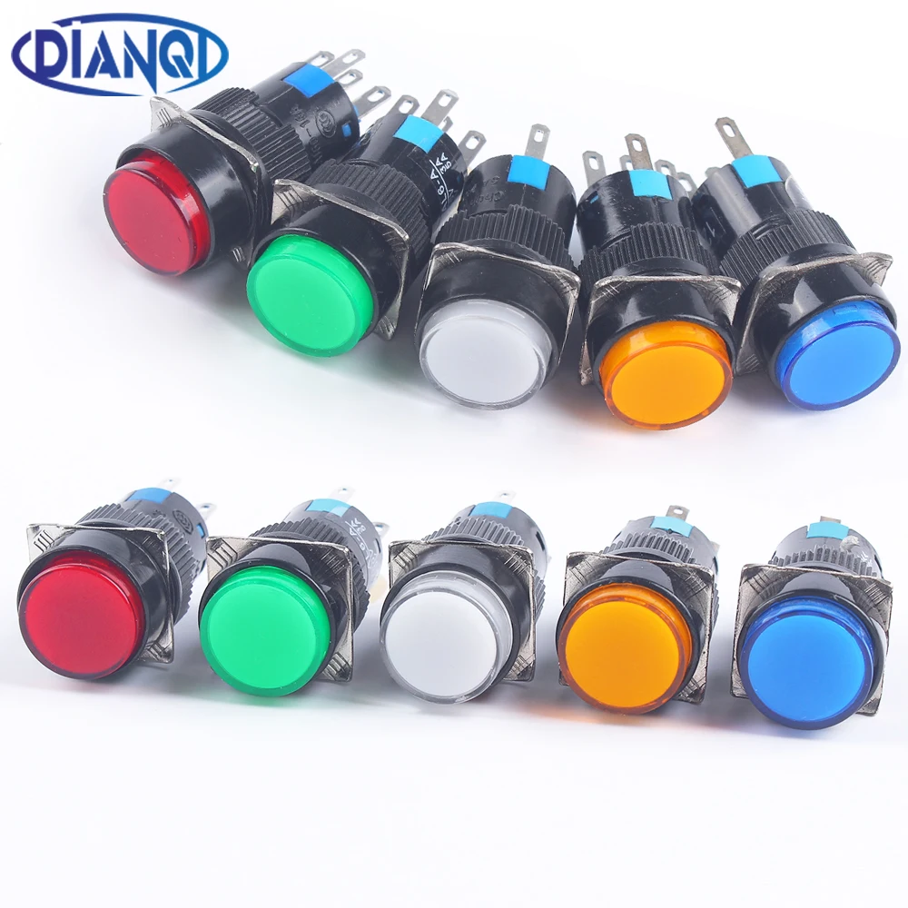 

10pcs 16mm 1NO1NC 2NO2NC Latching/Momentary plastic push button switch Round pilot lamp Indicator light with LED No LED for car