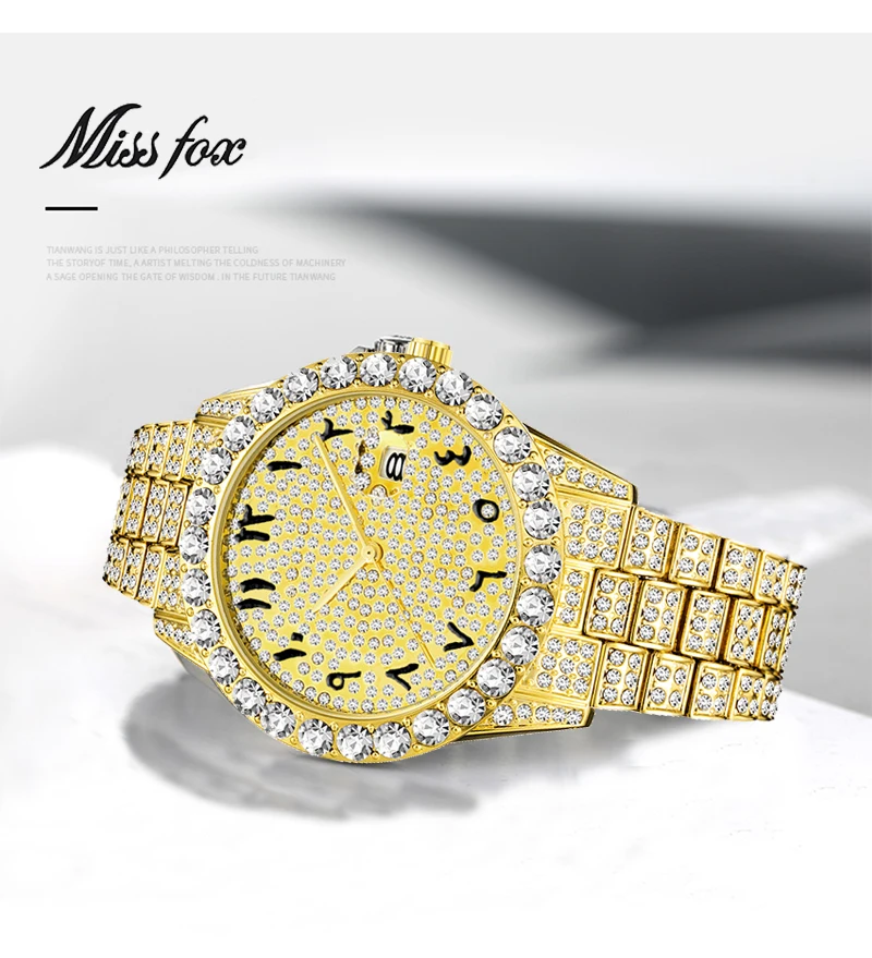 MissFox арабские цифры мужские s часы лучший бренд класса люкс rolexable_часы мужские 18 К золото большой алмаз Xfcs классические мужские часы со льдом