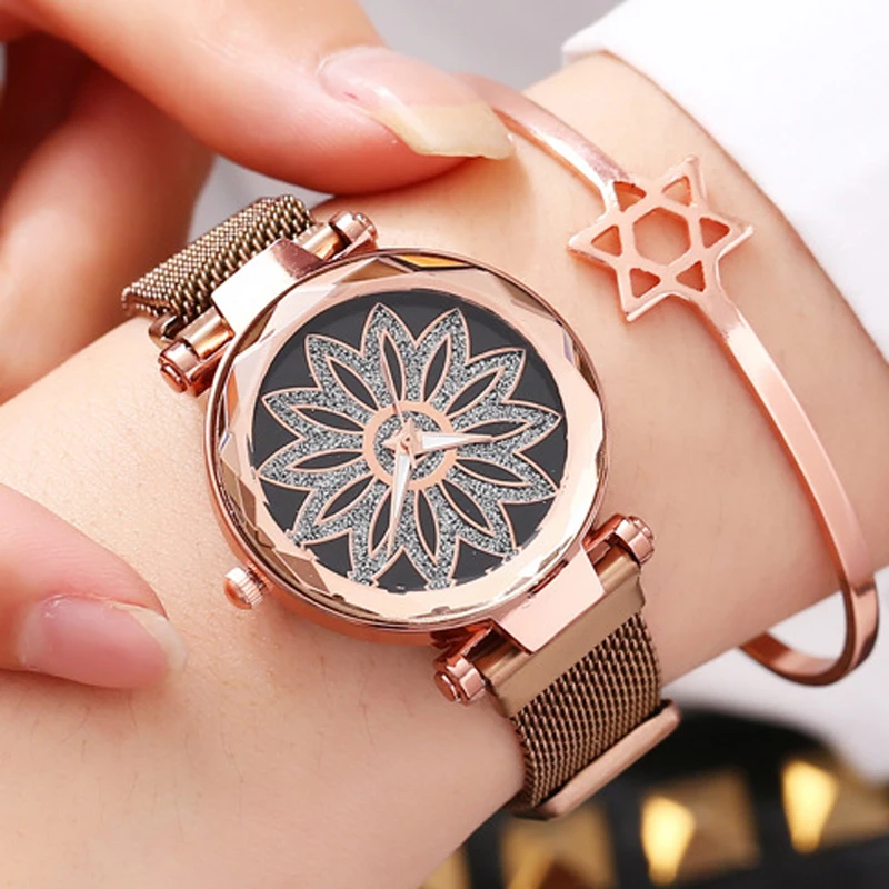 Free Shipping 2020 Fashion Flowers Elegant Women Creative Watches Luxury Rose Gold Mesh Magnet Buckle Qaurtz Cheap | Наручные часы