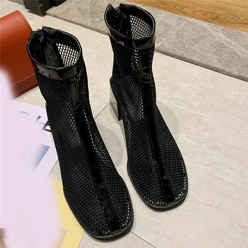 Женские ботильоны с круглым носком сетчатые на молнии спереди черные короткие