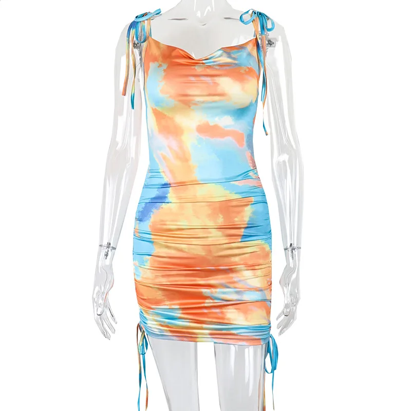 

Vamos Todos 21 Summer New Hot Shirring Camis Top Blue Printing Dresses For Women Sexy Slim Mini Girls Bodycon Clothes Party Club
