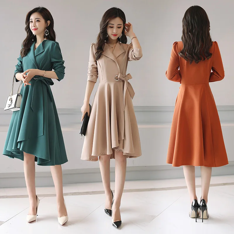 Elegant Long Trench Coat for Women Spring Autumn Outerwear Slim Women's Windbreaker Skirt Shape Coats With Belt YQ105 | Женская