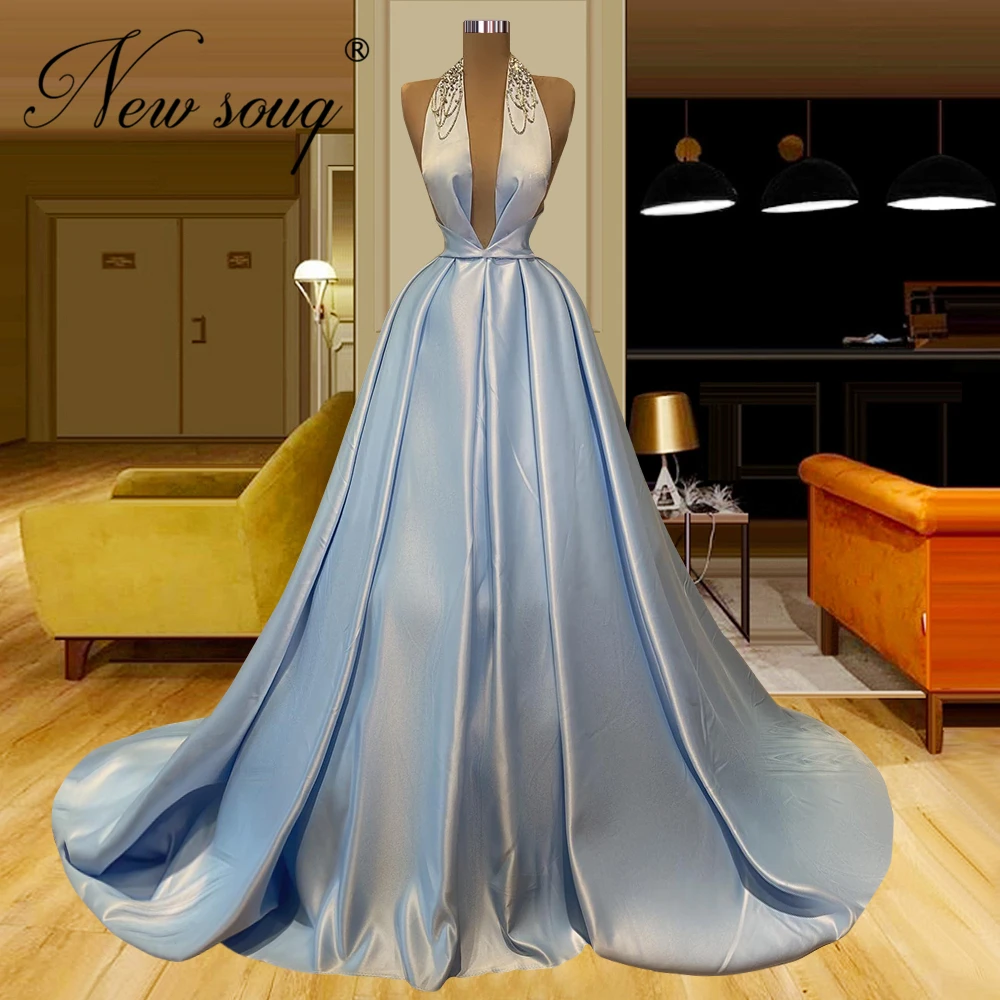 

Elegant Blue Satin Formal Evening Dress 2022 V Neck Long Robes De Soiree Prom Dress Arabic Female Beaded Party Dresses Plus Size