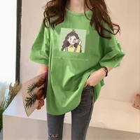 black slim cute girl graphic cartoon tee shirts 2021 new loose purple short sleeve green tops for women mujer camisetas