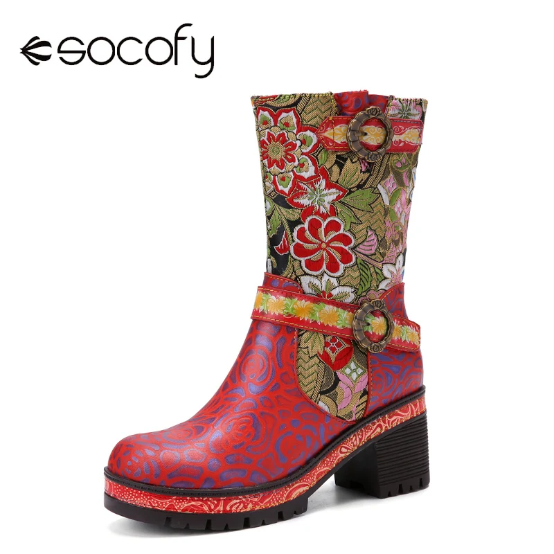 

Socofy/Изысканные кожаные ботинки до середины икры в стиле ретро с вышивкой и пряжкой в стиле пэчворк; Удобные нескользящие ботинки до середин...