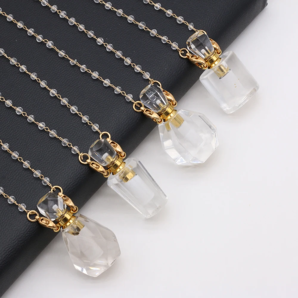 

Natural Stone Perfume Bottle Double Hole Pendant Necklace Clear Quartz Crystal Essential Oil Bottle Ladies Necklaces Jewelry