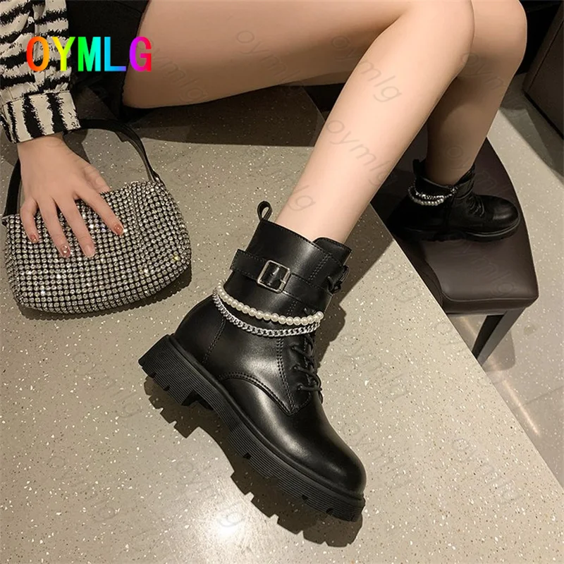 

Новинка Осень-зима 2021, женские ботинки Martin на толстом каблуке и платформе с квадратным носком, женские ботинки с цепочкой и бисером, женская ...