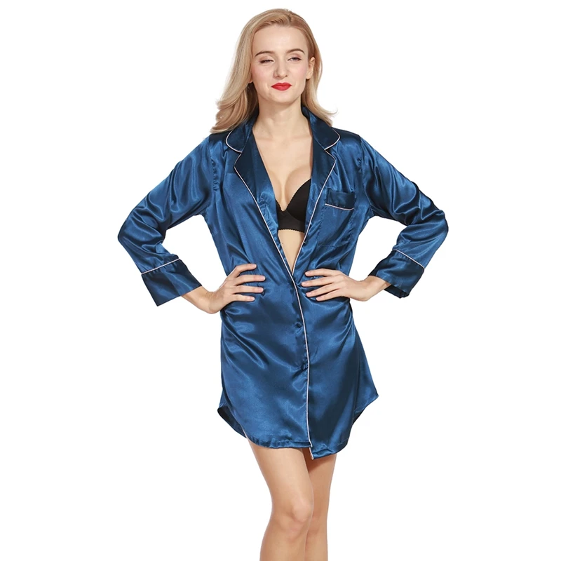 

Women's Solid Color Imitation Silk Lapel Design Elegant Above-Knee Nightdress Soft Casual Breathable Nightgown