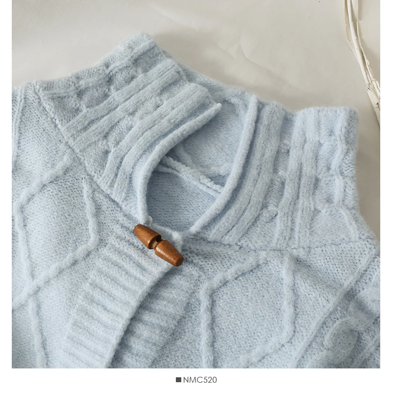 

Horn Button Design Turtleneck Sweater Women Plaid Kintting Solid Streetwear Korean Style Harajuku Cardigan Tops