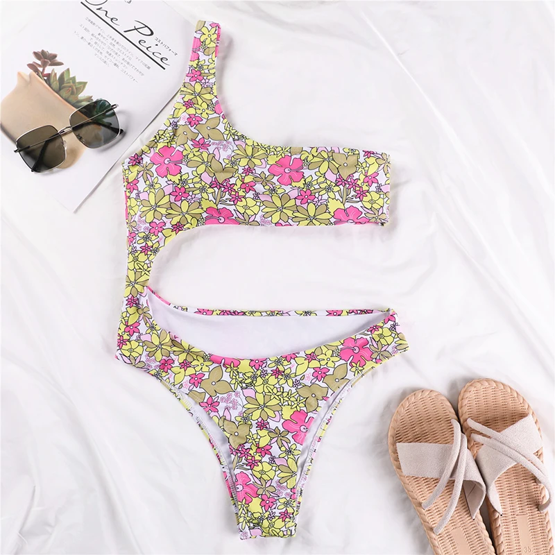 

2021 Sexy Floral Print Brazilian Bikini Set One Piece One Shoulder Bathers Suit For Women Swimsuit Female Swimwear Swimming Spor