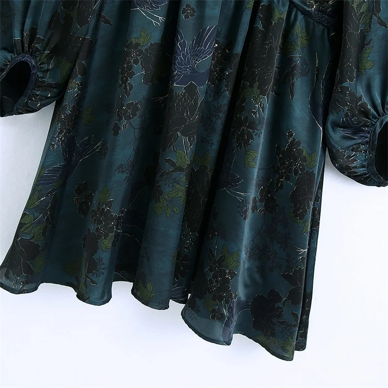 

ZXQJ Women 2020 Chic Fashion Print Pleated Waist Mini Dress Vintage V-neck Long Sleeve With Lining Female Dresses Mujer