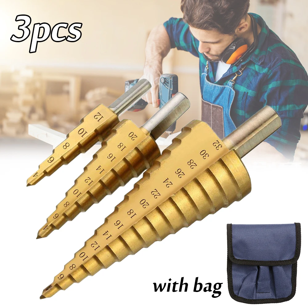 

3 PCS 4-12/20/32mm Steel Step Drill Bit Hss Titanium Coated Step Cone Metal Hole Cutter Metal Hex Tapered Drill Power Tools