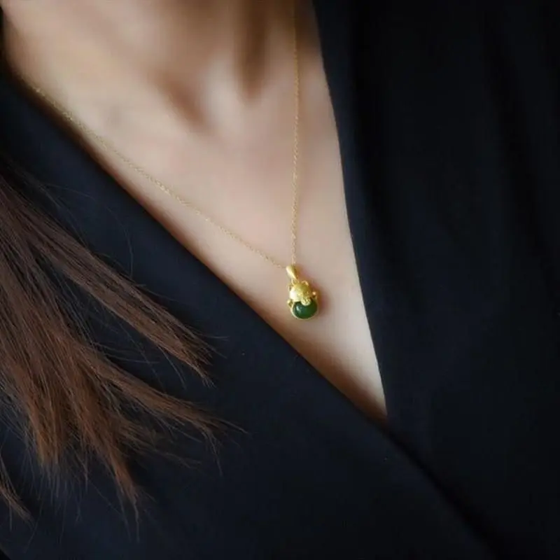 

Silver inlaid natural Hotan white jade pith Zhaocai cat Necklace Chinese style retro Bohemian charm women's jewelry