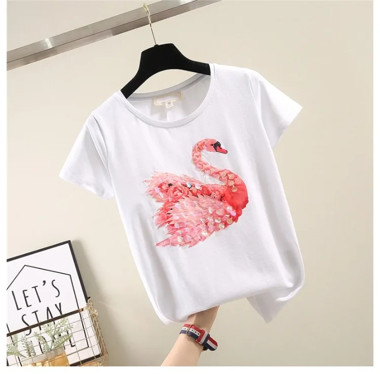 

2021 Summer Beads Sequined Cotton Short-Sleeved T-shirt Loose Hong Kong Style Female Bottom Shirt Simple Fashion Top