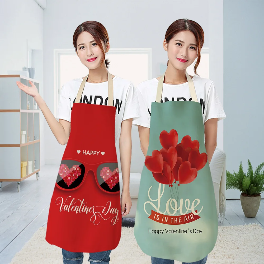 

Valentine's Day Printed Women Kitchen Aprons Waterproof Cooking oil-proof Cotton Linen Antifouling Chef Apron 68*55cm 0112