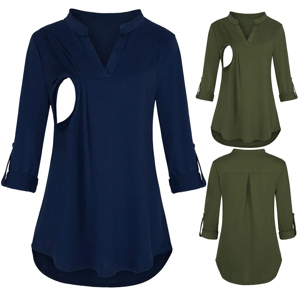 

Women Maternity Breastfeeding T-Shirt Clothes for Pregnant Women Autumn V-Neck Solid Long Sleeve Nursing Tops Maternity Clothes