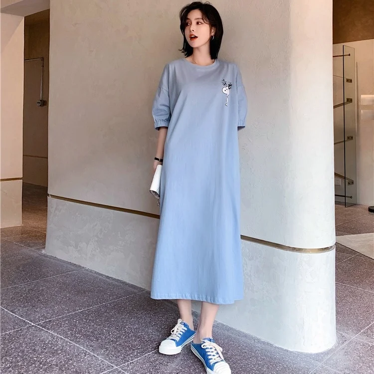 

Medium length slim and fat sister large summer casual skirt long t dress Korean cartoon long split T-shirt skirt