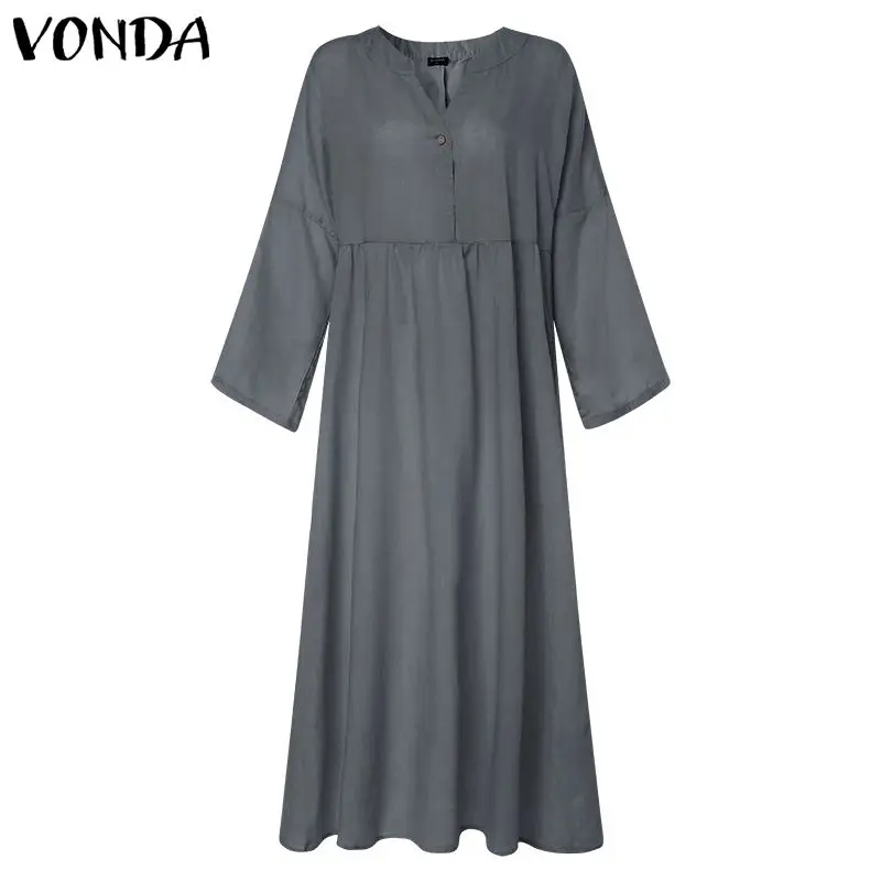 Grey VONDA, платье-рубашка, женский сарафан, летний, длинный рукав, v-образный вырез, длинное, макси, Vestidos, Женская Повседневная Туника на пуговицах, халат размера плюс - Цвет: Grey