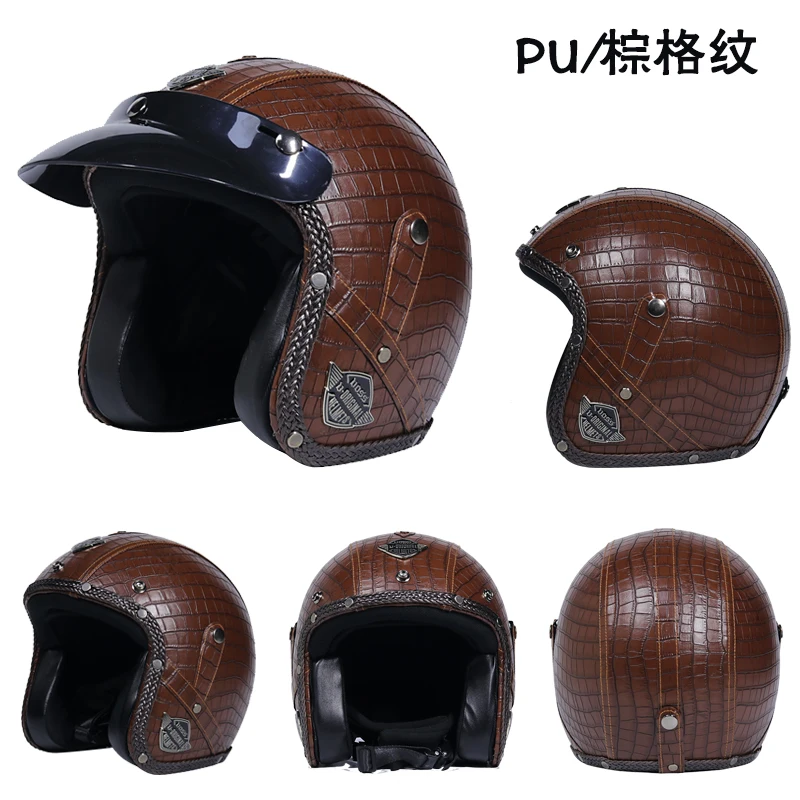 

2020 New PU Leather retro Helmets 3/4 Motorcycle Chopper Bike helmet open face vintage motorcycle helmet
