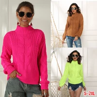 neon sweater women knitted fluorescent color khaki pink half high neck pullover long casual loose sweater women pullover