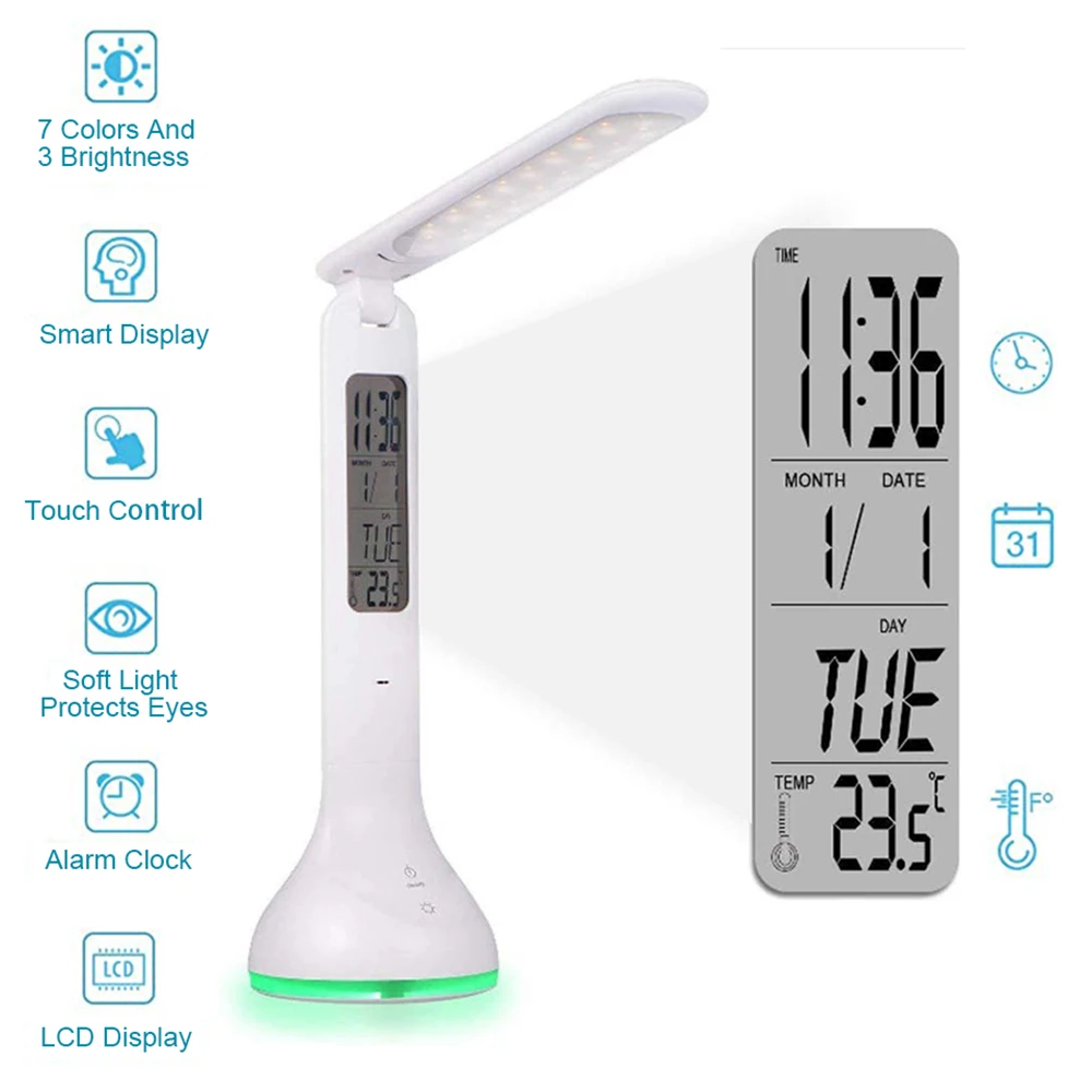 Светодиодная настольная лампа с будильником календарем регулируемой