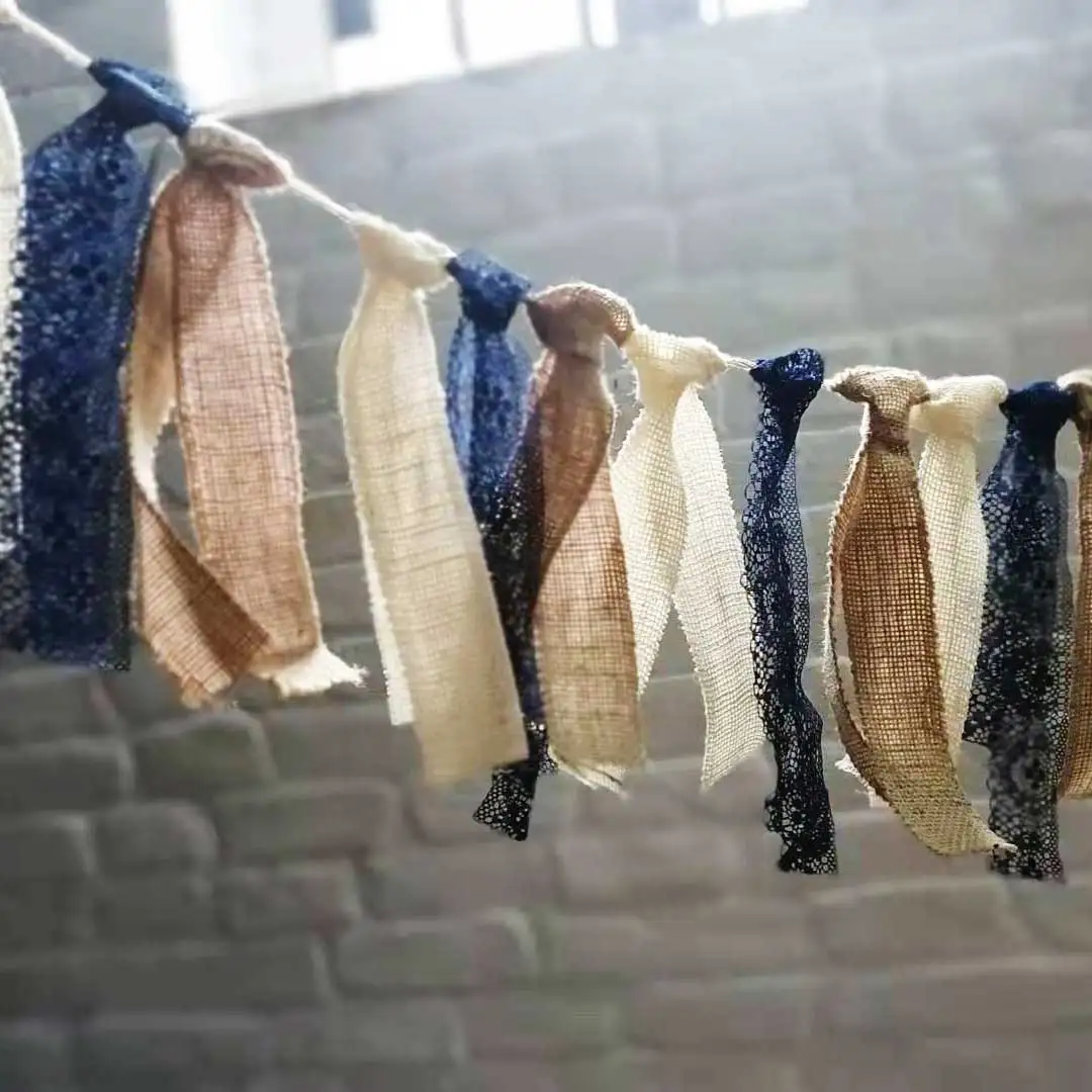 

Navy Blue Or White Ribbons Fabric Burlap Lace Bunner Rustic Banner for Home Decoration Wedding Event Baby Shower Party Supplies